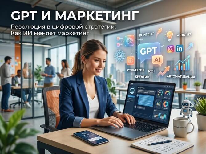 devushka marketolog rabotaet za noutbukom